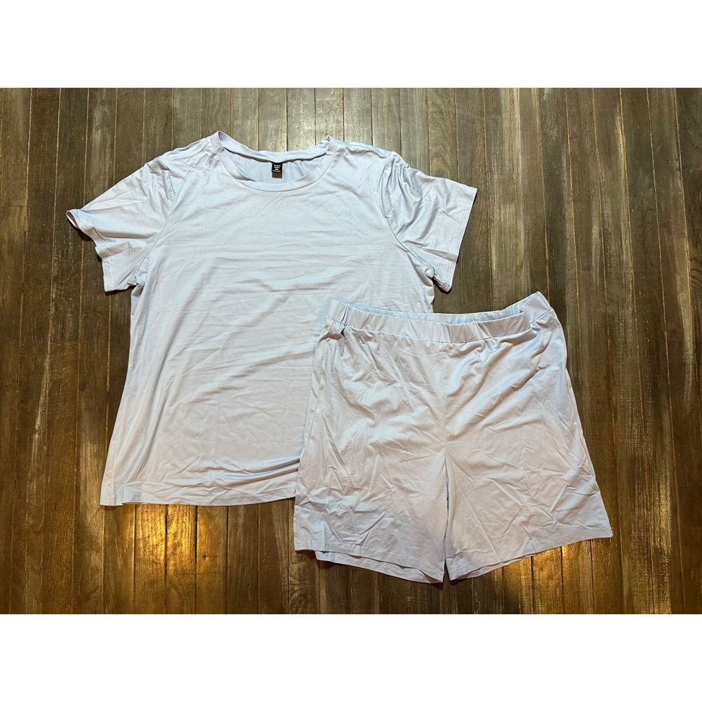 Shein Womens Light Blue 2 Piece Lounge Set Short Sleeve Tee and Biker Shorts